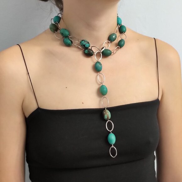 Beautiful Natural Turquoise and Sterling Necklace/Body Jewelry - Picture 2 of 6